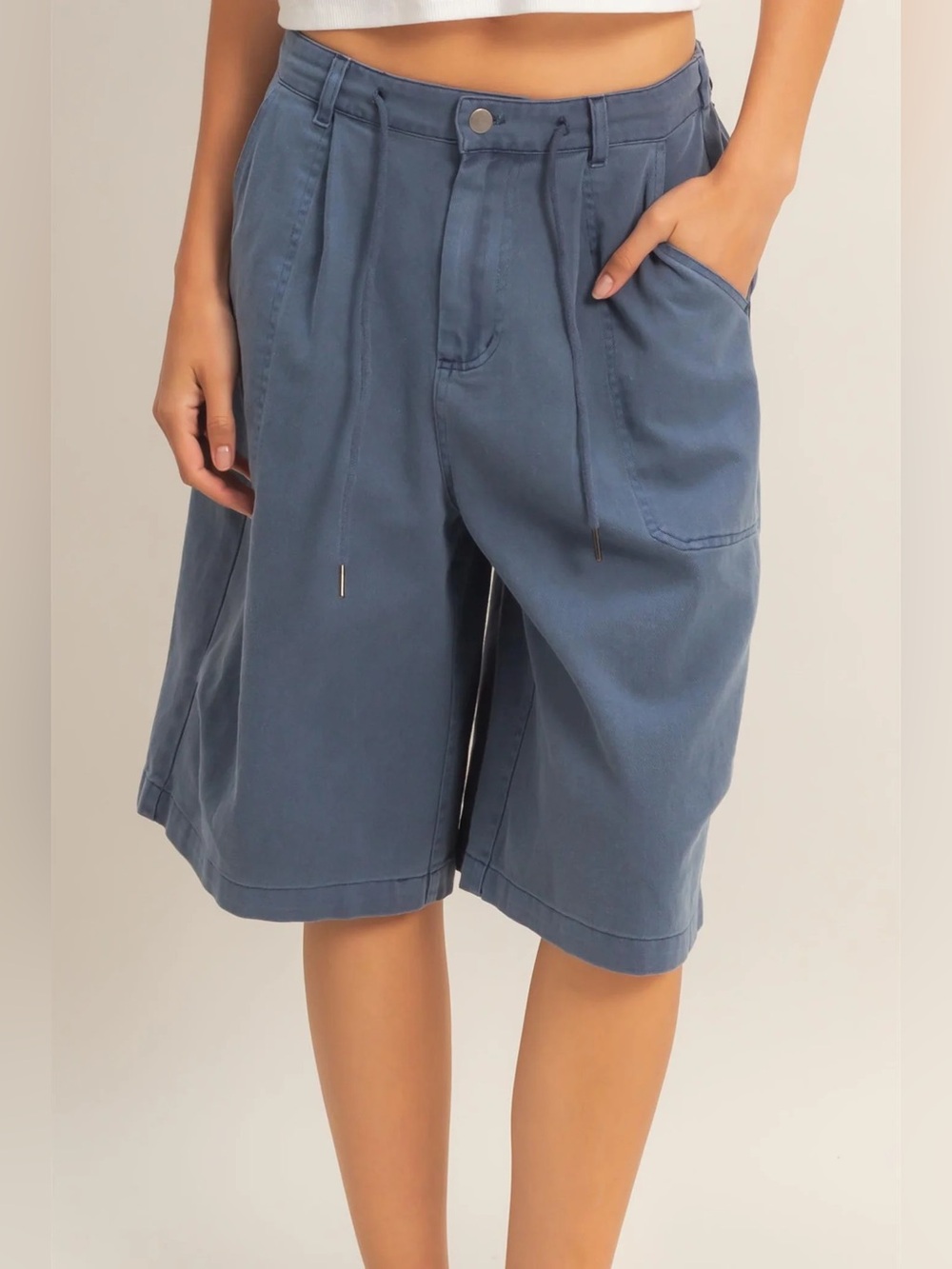 Women's Blue Drawstring High-Waist Jorts